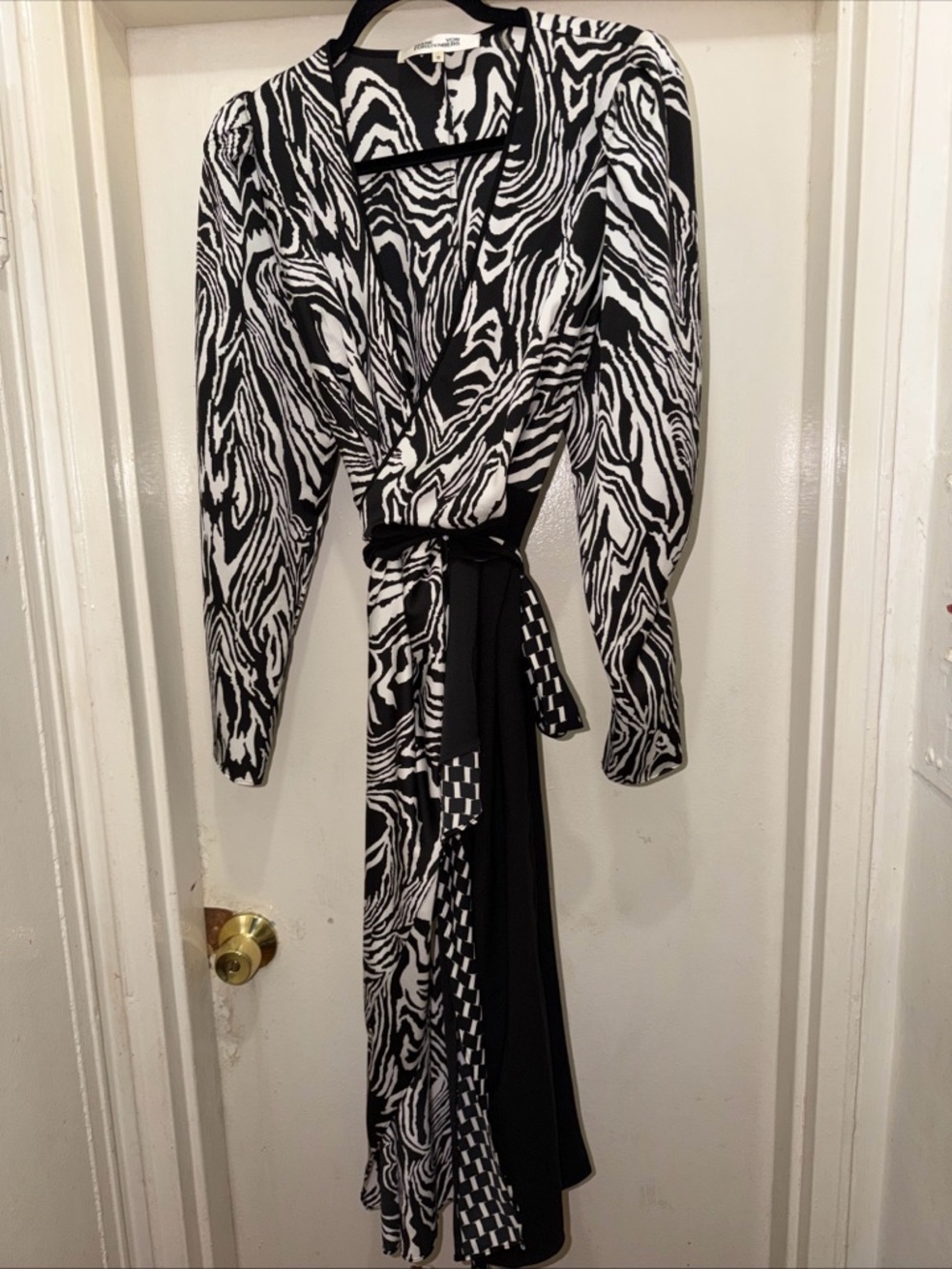 Diane Von Furstenberg Black and White Zebra-Print Wrap Midi Dress